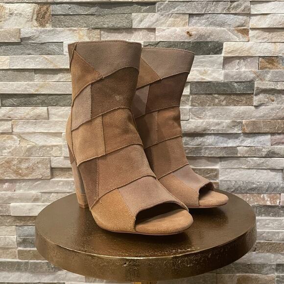 Torrid 7W Patchwork Heeled Booties | Leather Upper, Peep Toe, Neutral Suede - Picture 3 of 9